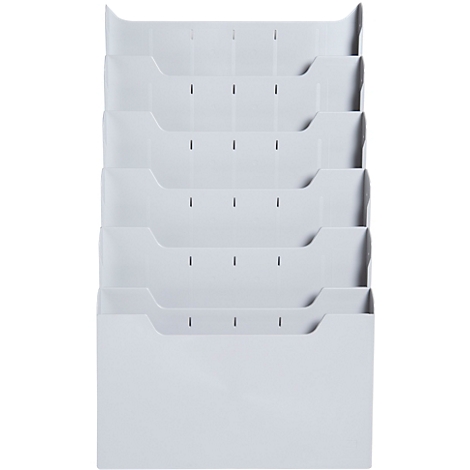 Hellgrauer Wandorganizer mit sechs Fächern.