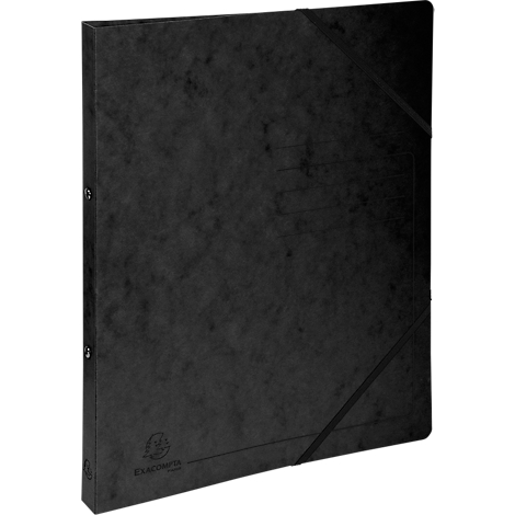 Black folder with elastic band and logo print. Text lines. Vertical view.