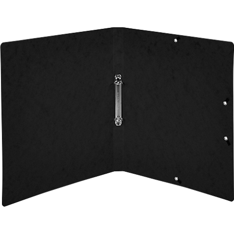 Opened black binder with silver ring mechanism. Several holes for filing are visible.