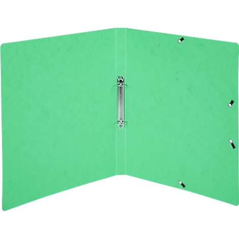 Open, green binder with silver ring mechanism.