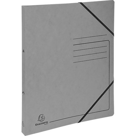 Gray file folder with elastic band and writable field. The brand logo Exacompta is shown in the bottom left.