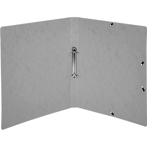 Opened gray folder with metal ring mechanism. Punched holes for the sheets.