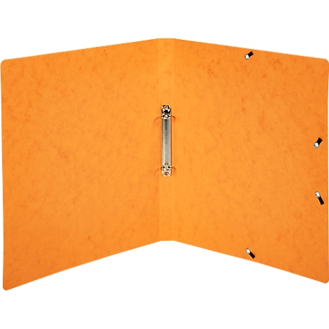 Open orange binder with silver mechanism. Holes on the right for filing.