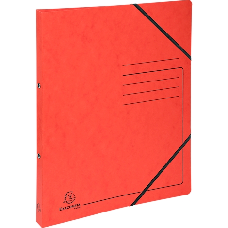 Red Exacompta binder with elastic band, label field and logo. Black elastic bands.