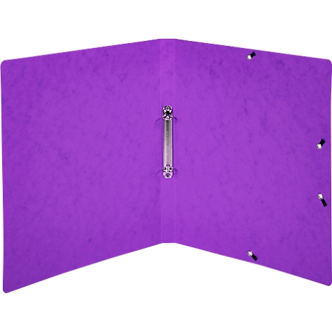 An open, purple binder with silver metal rings for filing paper.