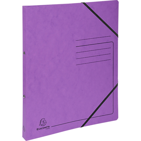 Purple file folder with elastic band, lines for labeling, logo, text 'EXACOMPTA'.