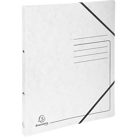 White file folder with elastic band, text fields and EXACOMPTA logo. Black band diagonally across the front.