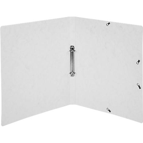 Open white binder with silver ring mechanism.