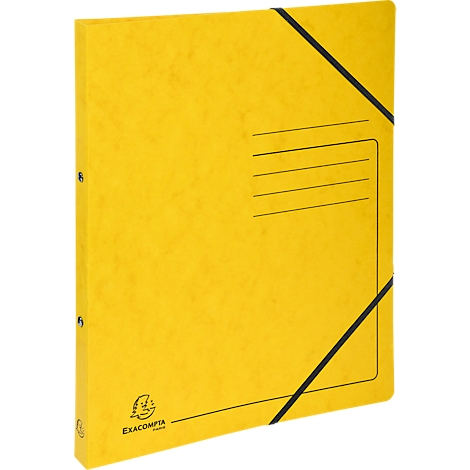 Yellow EXACOMPTA folder with black elastic band. Lines for labeling on the front. Brand logo in the bottom right corner.