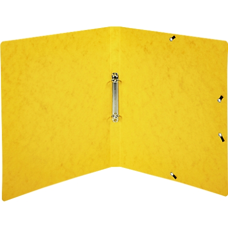 Yellow binder, open, with metal rings for inserting paper.