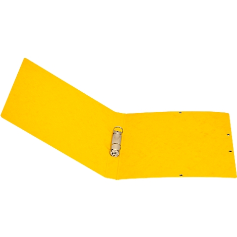 Gele open ordner met zilveren klem. De ordner ligt tegen een witte achtergrond.