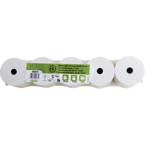 Cinq rouleaux de papier thermique, enveloppés dans du film. Imprimé avec des informations sur le produit.