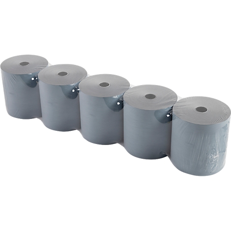 Cinq rouleaux de papier gris emballés dans du film.