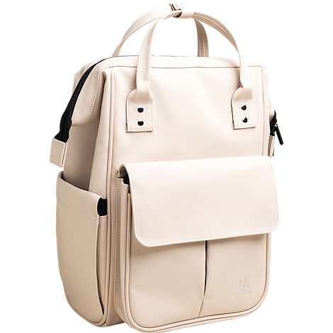 Beigefarbener Rucksack mit mehreren Fächern und Griffen. Der Rucksack hat eine rechteckige Form und eine aufgesetzte Vordertasche.