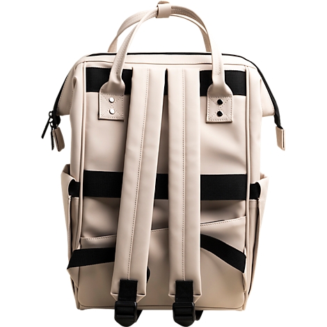 Beigefarbener Rucksack, schwarze Details. Zwei Träger, zwei Seitentaschen. Schwarzer Reißverschluss.