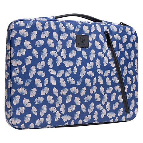 Housse d'ordinateur portable à motifs bleu et blanc avec poignée et fermeture éclair.