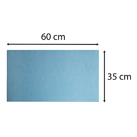 Rechteckige, hellblaue Platte mit den Maßen 60 cm x 35 cm. Maße sind mit Pfeilen markiert.