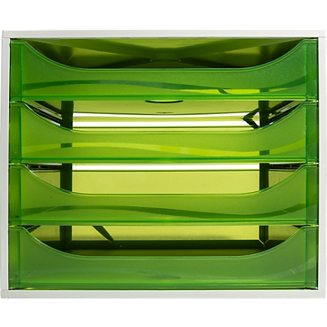 Grüne, transparente Briefablage mit 4 Fächern in weißem Rahmen.