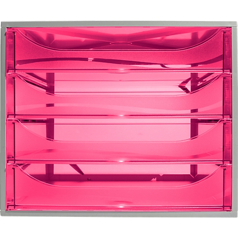 Ein rosafarbener Schubladenschrank mit vier Schubladen in einem grauen Rahmen.