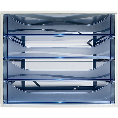 Büro-Ablagesystem mit vier transparent-blauen Schubladen und weissem Rahmen.