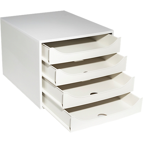 Weisser Schubladenschrank mit vier offenen Schubladen.