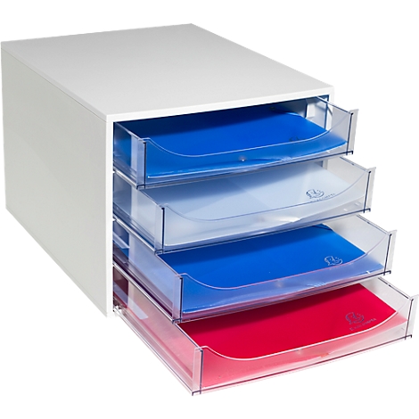 Weisses Schubladensystem mit vier transparenten Schubladen, gefüllt mit farbigem Papier. Die Schubladen sind blau, weiss, blau und rot.