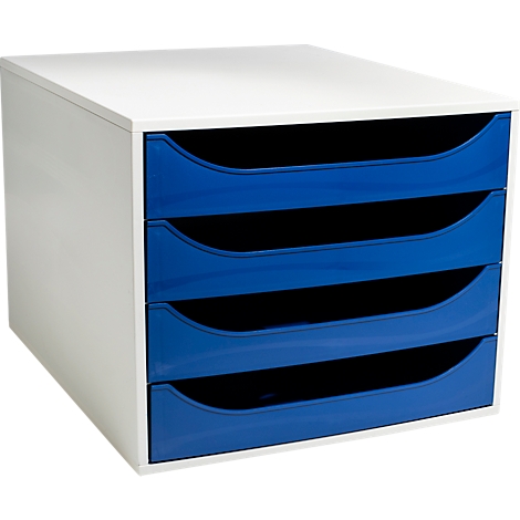 Weisser Schrank mit vier blauen Schubladen. Die Schubladen sind offen und die Innenräume sind schwarz.