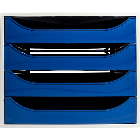 Blauer Papierkorb mit vier Fächern, weisser Rahmen. Schwarze Zwischenräume. Ideal für Büro. Sauber und übersichtlich.