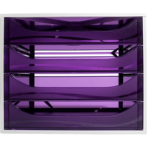 Ordner mit vier Schubladen, violett, in einem weissen Rahmen.
