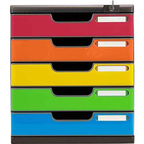Bunte Schubladenbox, rot, orange, gelb, grün und blau. Oben rechts ein Schloss.