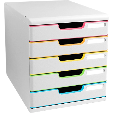 Weisses Büroablagesystem mit 5 farbigen Schubladen, pink, orange, gelb, grün und blau.
