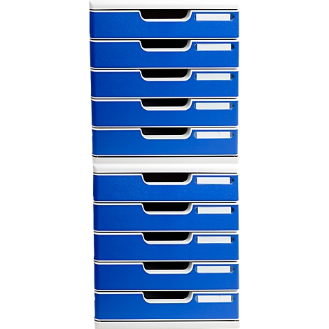 Blau-weisser Dokumenten-Tower mit Schubladen, in denen Schubladenschlitze und leere Beschriftungsfelder zu sehen sind.