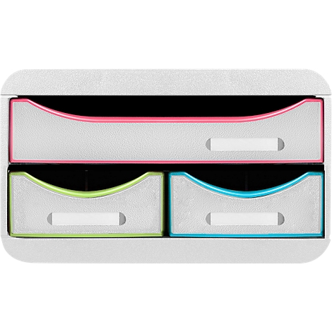 Weisse Schubladenbox, mit je zwei farbigen Schubladen, Rosa, Grün, Blau. Mit weissen Griffen.