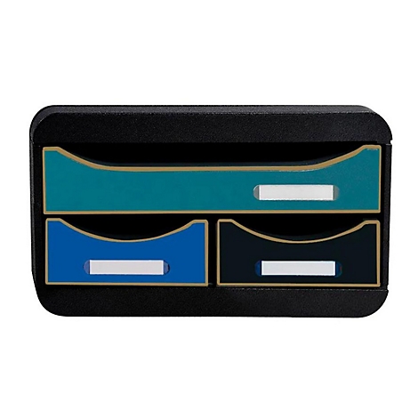 Organisateur de bureau noir avec trois tiroirs bleus, turquoise et noirs, avec des accents dorés et des étiquettes blanches.