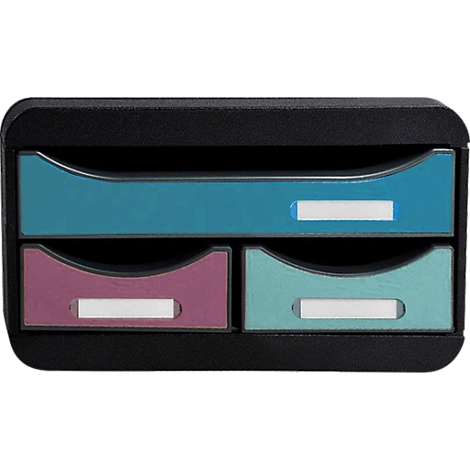 Zwarte documentenorganizer met drie gekleurde lades: blauw, paars en turkoois. Elke lade heeft een wit label.