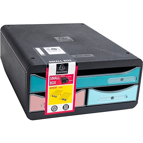 Zwarte kleine ladebox met gekleurde lades. Een reclamebord hangt aan de voorkant.