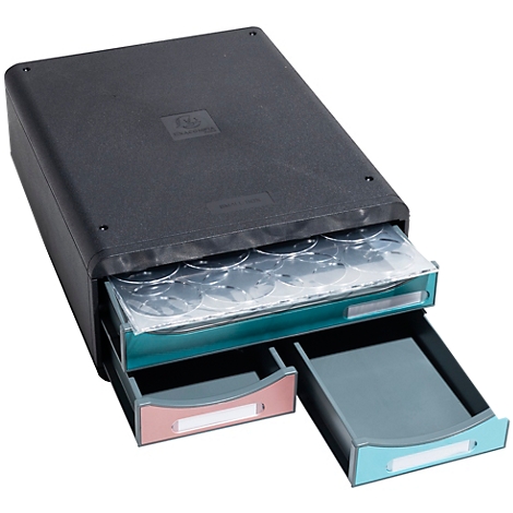 Boîte de rangement noire avec tiroirs coulissants. Tiroirs avec étiquettes et disques transparents.