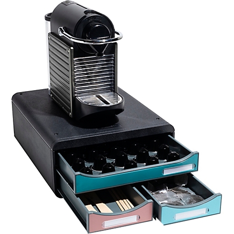 Machine à café noire avec tiroirs intégrés pour capsules, accessoires. Tiroirs bleus et roses.