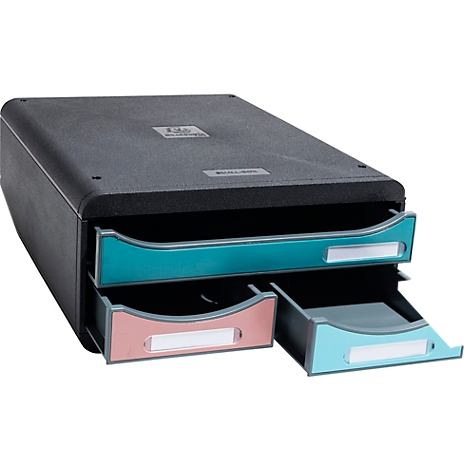 Organisateur de documents noir avec trois tiroirs. Deux tiroirs sont ouverts, avec des façades de tiroirs rose pâle et sarcelle.