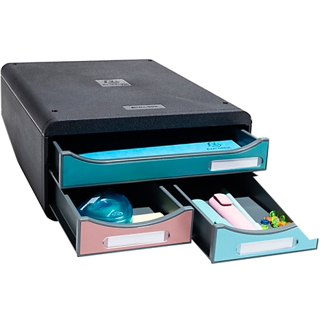 Organisateur de documents noir avec trois tiroirs turquoise, rose et bleu clair. Divers fournitures de bureau se trouvent dans les tiroirs.
