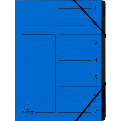 Blue office clip folder with rubber band. Imprint: EXACOMPTA. Numbers 1-7.