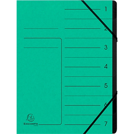 Teal file folder with black elastic band and vertical lines that mark the division into sections.