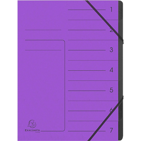 Purple file folder, labelled with numbers 1 to 7, with elastic band closure and logo.