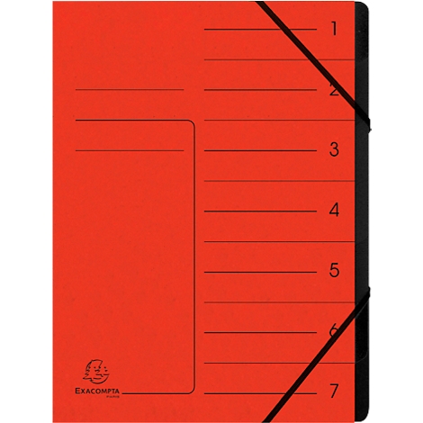 Red index box with black rubber bands for closing. On the front are horizontal lines with numbers.