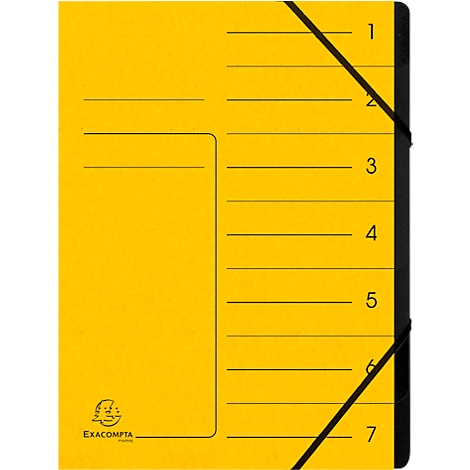 Yellow document file with black elastic band. Inscription: 1-7. Brand: EXACOMPTA.