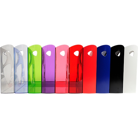 Reihe von bunten, rechteckigen Kunststoffhaltern mit Griffloch. Verschiedene Farben: Grau, Blau, Grün, Lila, Rosa, Rot, Blau, Schwarz, Weiss.