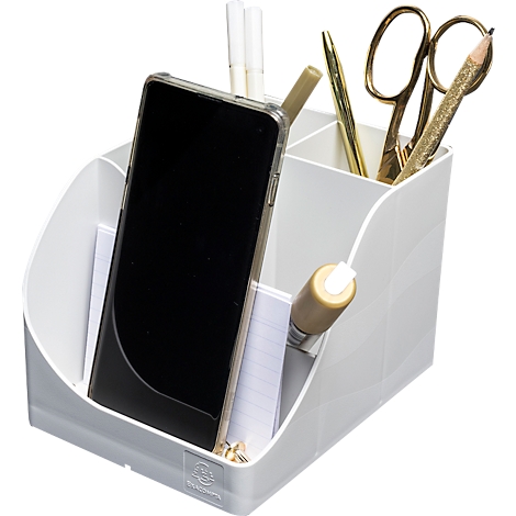 Weißer Stifthalter mit einem Handy, Stiften, Schere und Bleistift.
