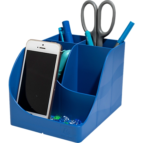 Blauer Schreibtisch-Organizer mit Stiften, Schere und Smartphone.
