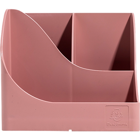 Rosa Stiftehalter mit mehreren Fächern. Am Boden ist "ENACOMPTA" aufgedruckt.