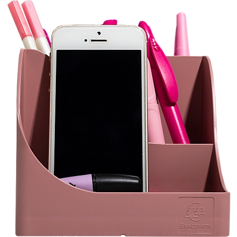 Rosa Stifthalter mit Smartphone, Stiften und Textmarker.
